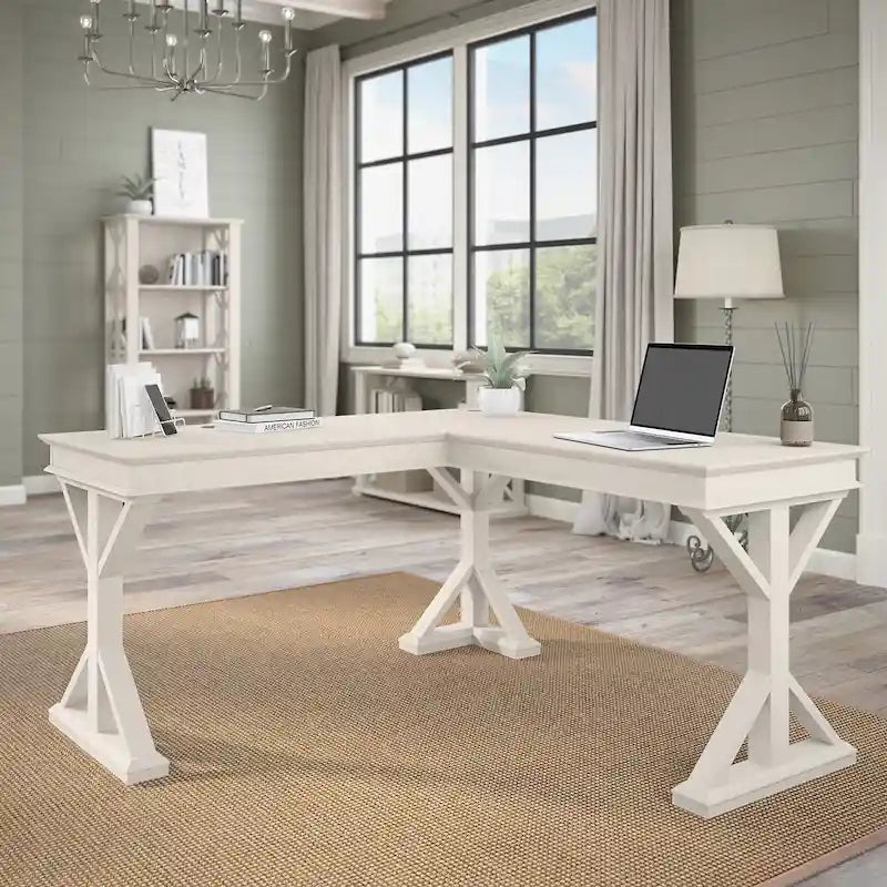 Linen White Oak / Driftwood Gray Farmhouse L-Shaped Desk, Single-Person, 60W