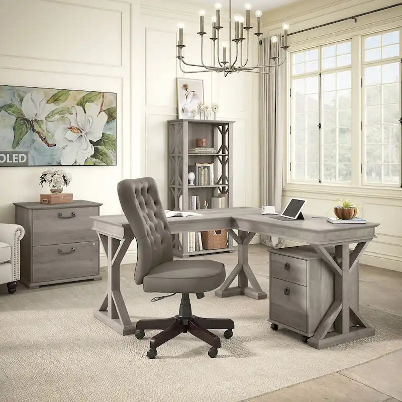 Linen White Oak / Driftwood Gray Farmhouse L-Shaped Desk, Single-Person, 60W
