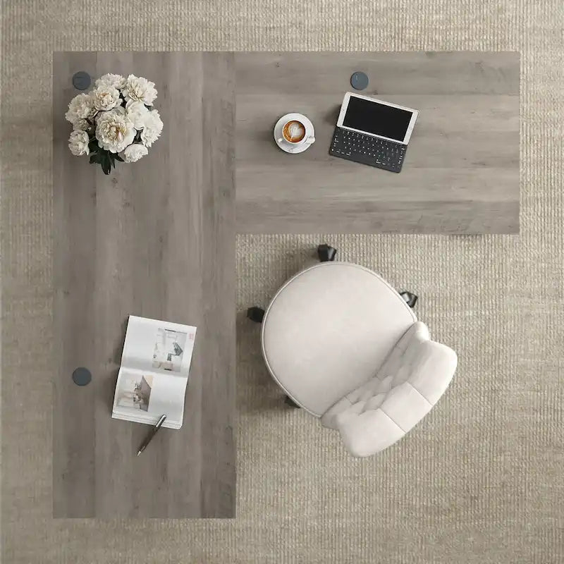 Linen White Oak / Driftwood Gray Farmhouse L-Shaped Desk, Single-Person, 60W