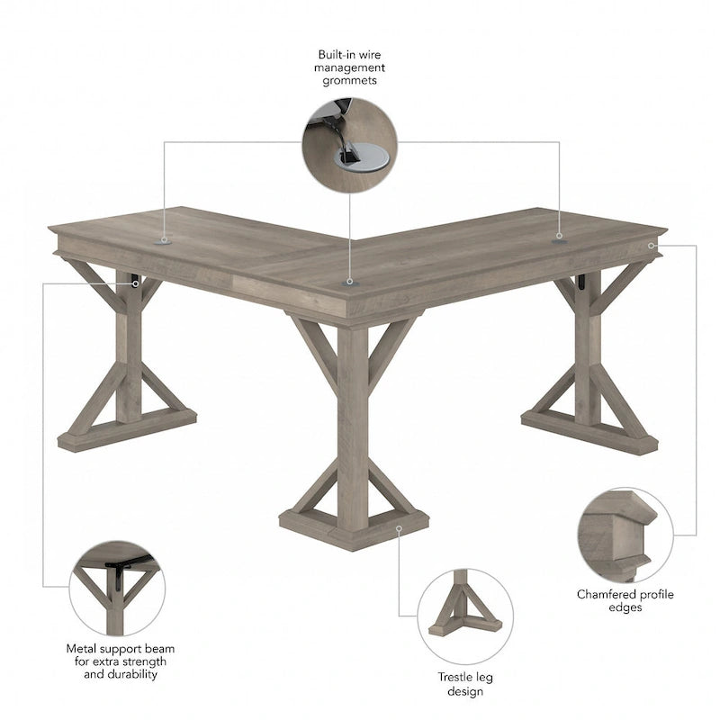 Linen White Oak / Driftwood Gray Farmhouse L-Shaped Desk, Single-Person, 60W