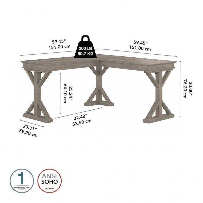 Linen White Oak / Driftwood Gray Farmhouse L-Shaped Desk, Single-Person, 60W