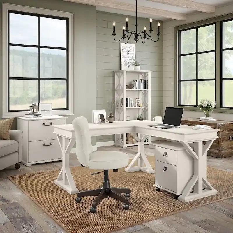 Linen White Oak / Driftwood Gray Farmhouse L-Shaped Desk, Single-Person, 60W