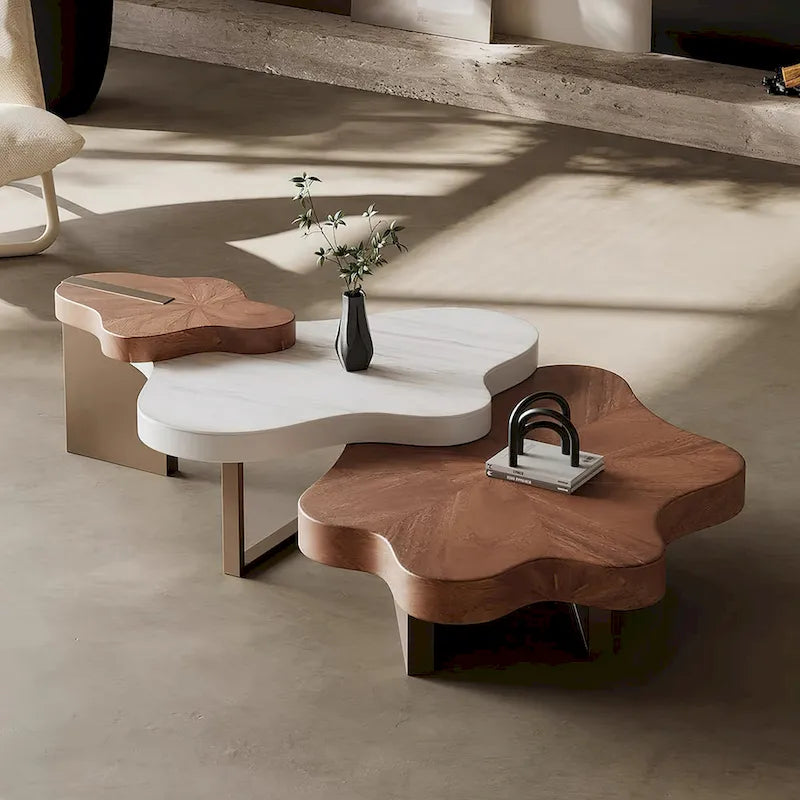 Walnut Brown Cloud-Shaped Nesting Coffee Table Set, Metal Legs, Set of 3
