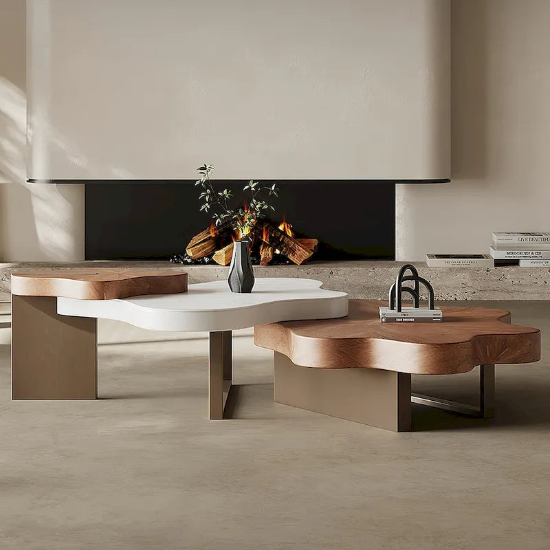 Walnut Brown Cloud-Shaped Nesting Coffee Table Set, Metal Legs, Set of 3