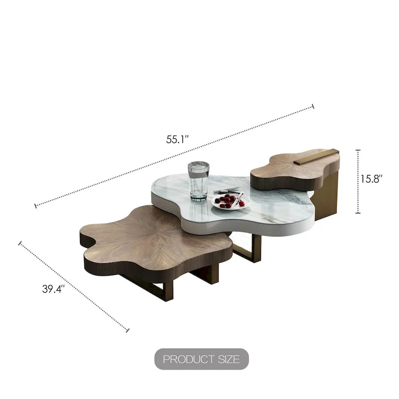 Walnut Brown Cloud-Shaped Nesting Coffee Table Set, Metal Legs, Set of 3