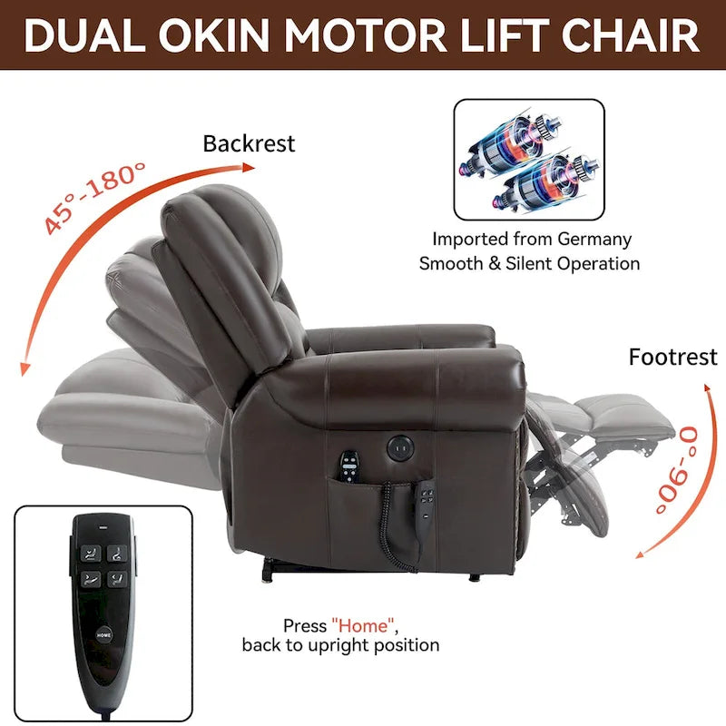 Brown Power Lift Recliner Chair with Massage & Heat, Single Seat