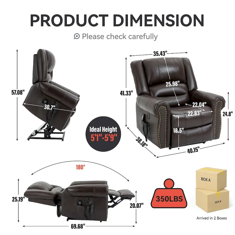 Brown Power Lift Recliner Chair with Massage & Heat, Single Seat