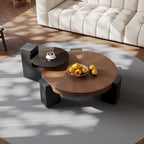 37  Modern Round Nesting Coffee Table,Mid Century Wood Coffee Table, Brown & Black Solid Wood Veneer, Set of 2