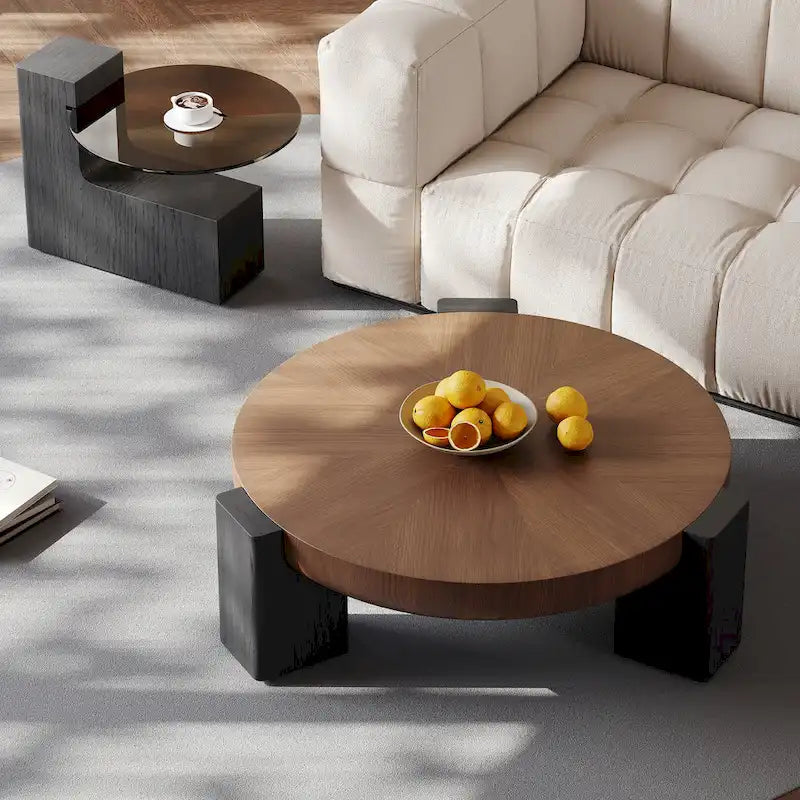 Round Nesting Coffee Table, Brown & Black, Wood Veneer & Smoked Glass, Set of 2