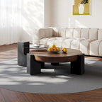 Round Nesting Coffee Table, Brown & Black, Wood Veneer & Smoked Glass, Set of 2