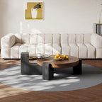 Round Nesting Coffee Table, Brown & Black, Wood Veneer & Smoked Glass, Set of 2