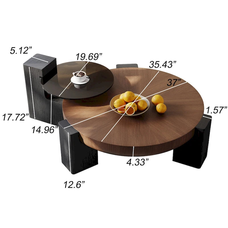 Round Nesting Coffee Table, Brown & Black, Wood Veneer & Smoked Glass, Set of 2