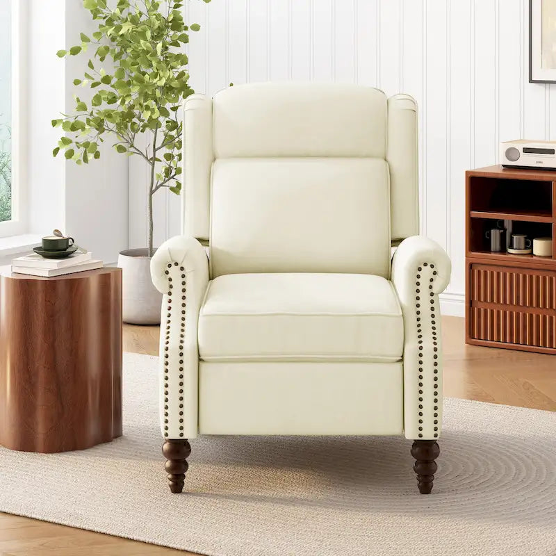 Beige / White+Blue Wingback Push-Back Recliner, Single Seat