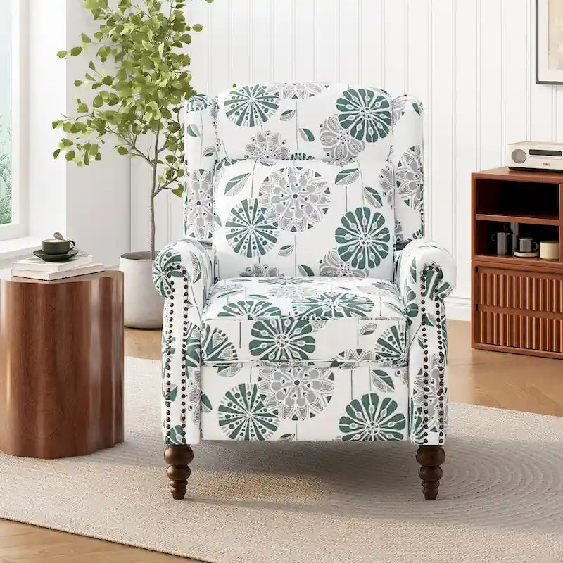 Beige / White+Blue Wingback Push-Back Recliner, Single Seat