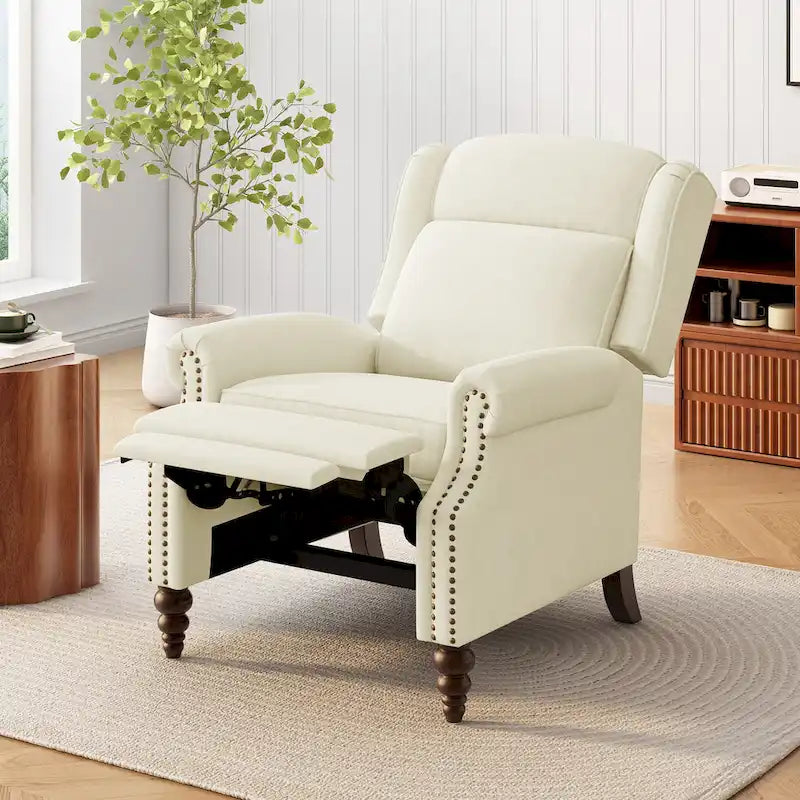 Beige / White+Blue Wingback Push-Back Recliner, Single Seat