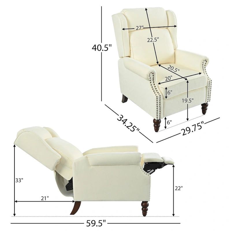 Beige / White+Blue Wingback Push-Back Recliner, Single Seat