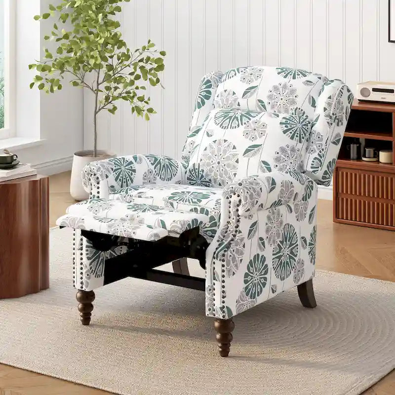 Beige / White+Blue Wingback Push-Back Recliner, Single Seat