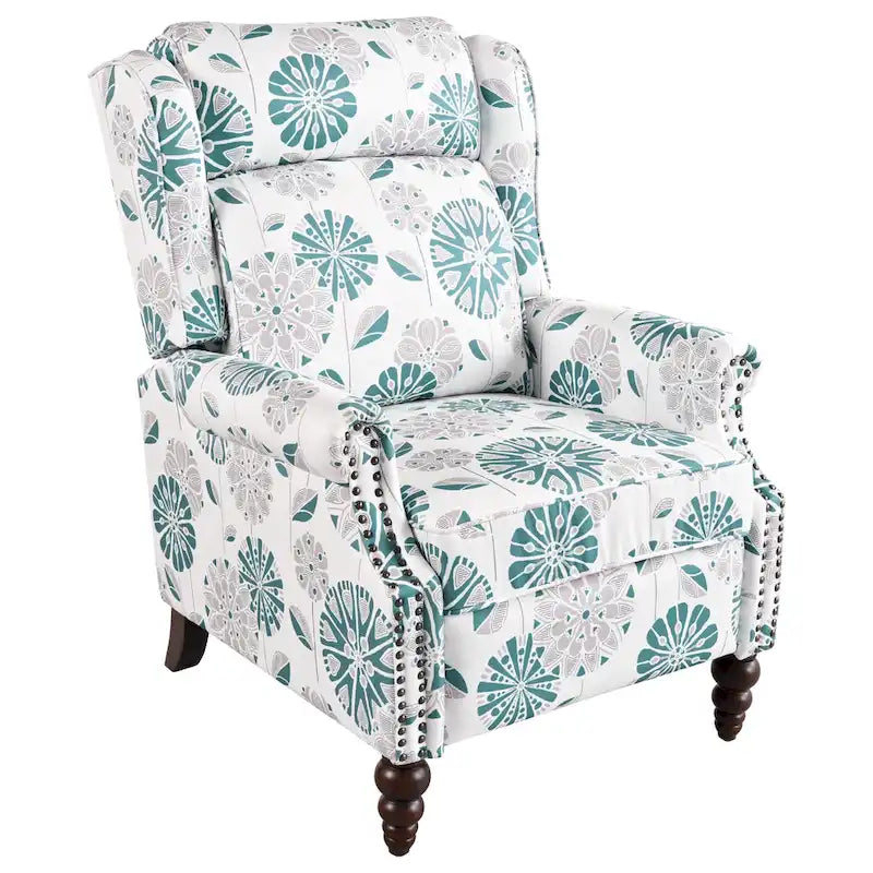 Beige / White+Blue Wingback Push-Back Recliner, Single Seat