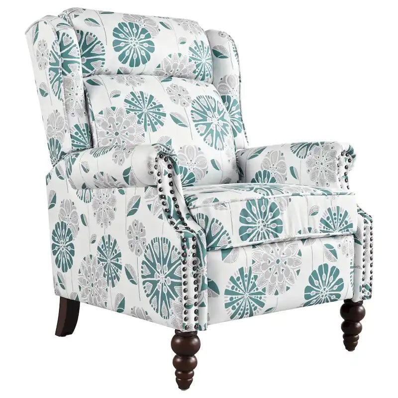 Beige / White+Blue Wingback Push-Back Recliner, Single Seat