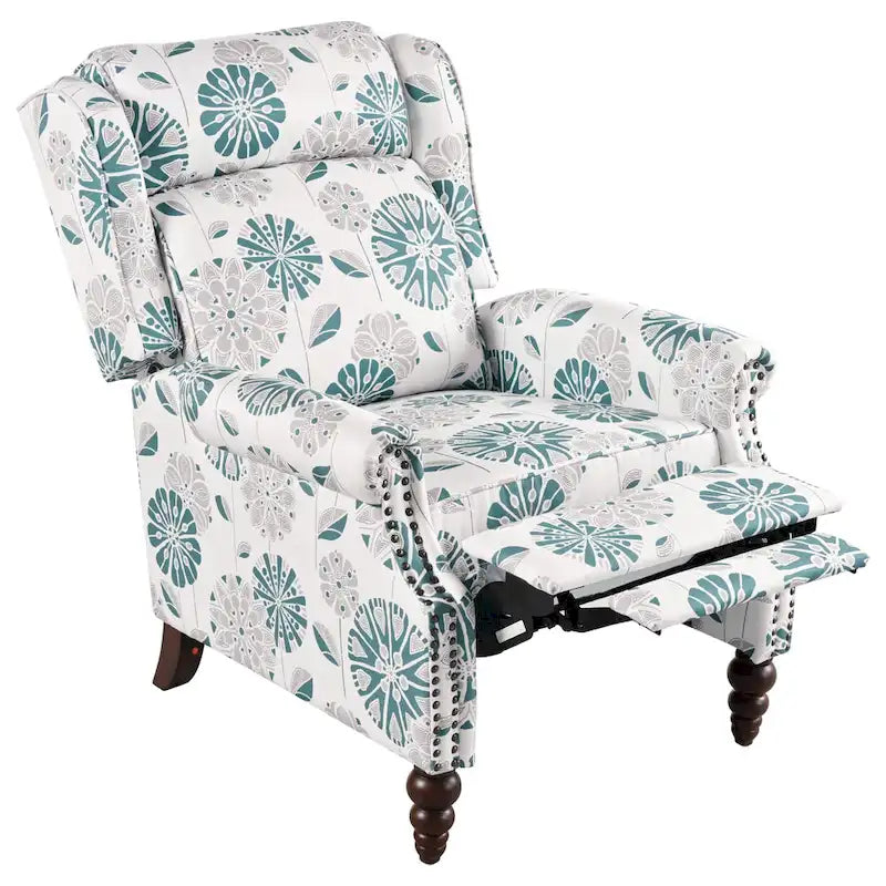 Beige / White+Blue Wingback Push-Back Recliner, Single Seat