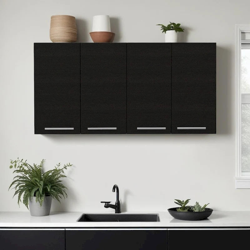 Black Wall-Mounted Cabinet with 4 Doors, Single