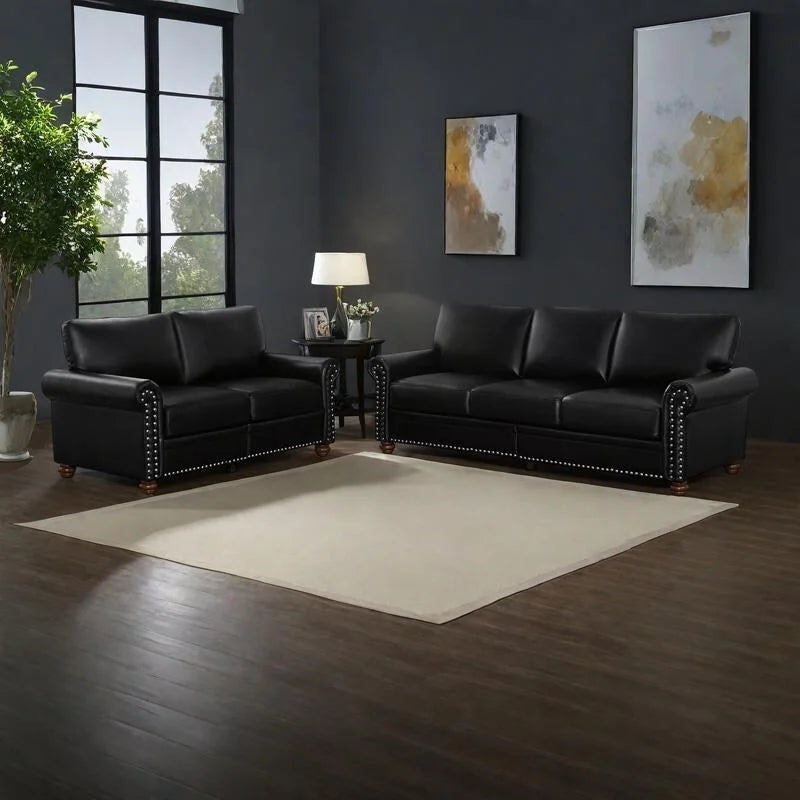 Burgundy/Navy Blue/Grey/Black PU Leather Sofa Set with Storage, 2-Piece 5-Seater