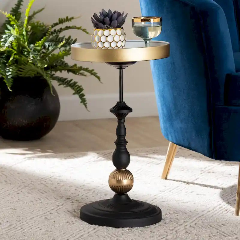 Black & Gold Round Metal Accent Side Table with Tray Top – 1 Person