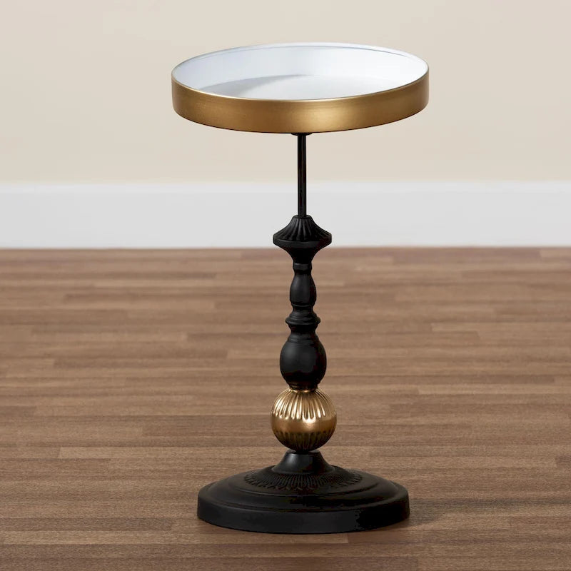 Black & Gold Round Metal Accent Side Table with Tray Top – 1 Person