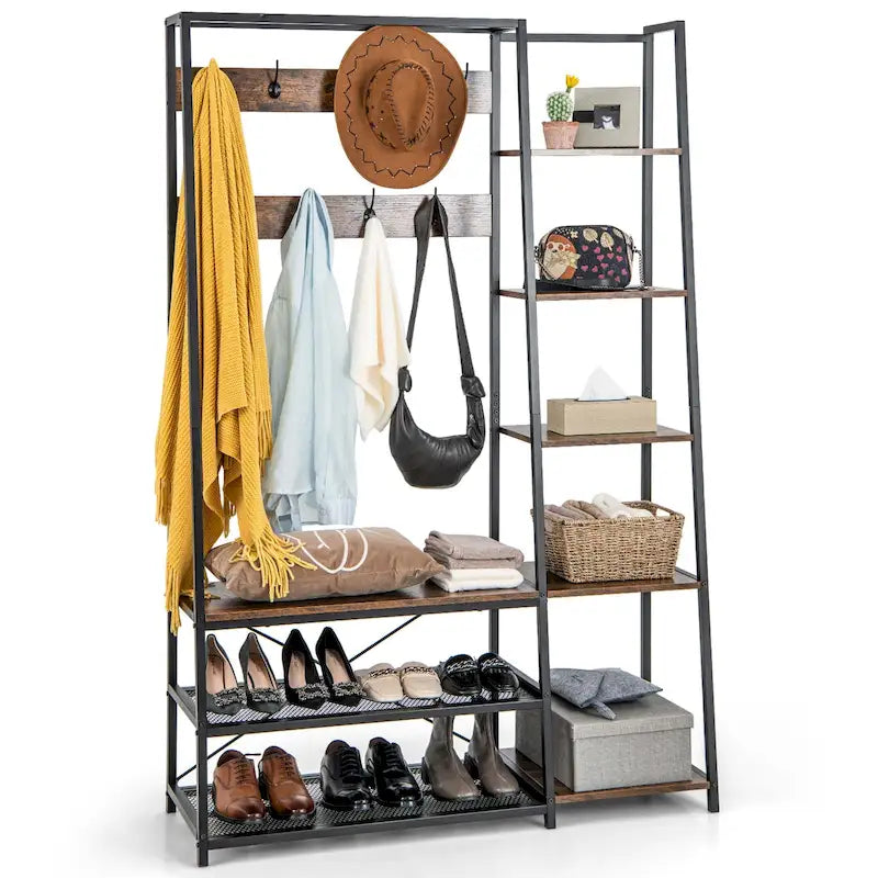 Black/Rustic Brown 5-in-1 Hall Tree with Shoe Bench, for 1 Person