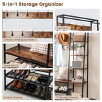 Black/Rustic Brown 5-in-1 Hall Tree with Shoe Bench, for 1 Person