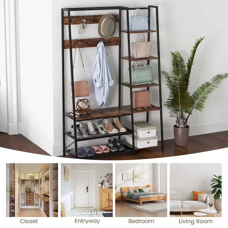 Black/Rustic Brown 5-in-1 Hall Tree with Shoe Bench, for 1 Person