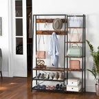 Black/Rustic Brown 5-in-1 Hall Tree with Shoe Bench, for 1 Person
