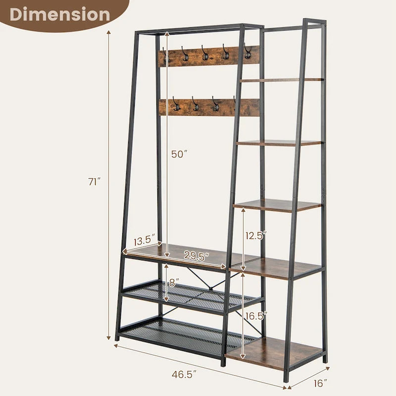 Black/Rustic Brown 5-in-1 Hall Tree with Shoe Bench, for 1 Person