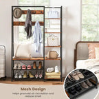 Black/Rustic Brown 5-in-1 Hall Tree with Shoe Bench, for 1 Person