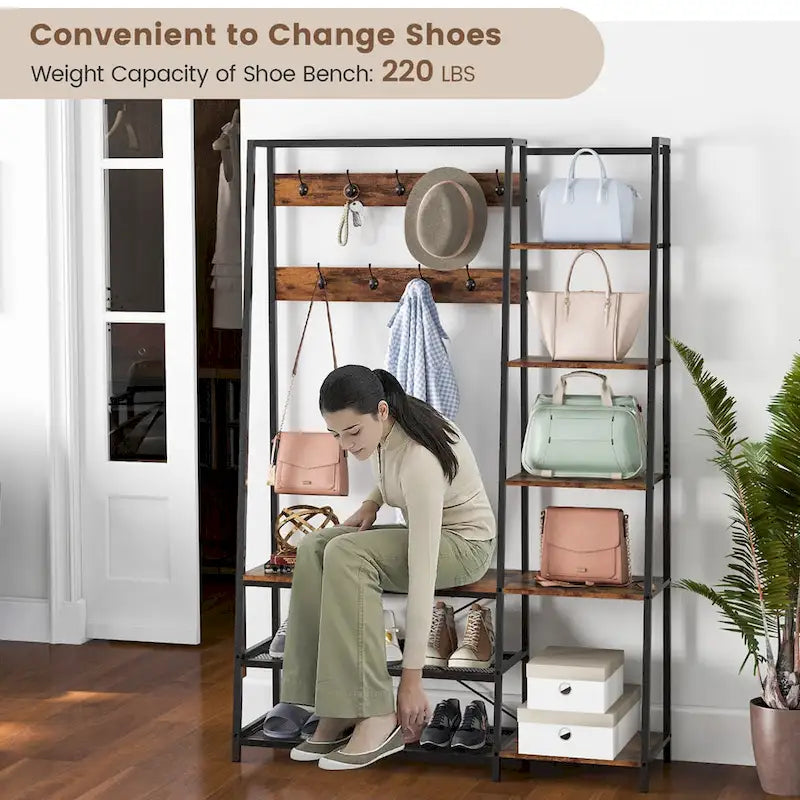 Black/Rustic Brown 5-in-1 Hall Tree with Shoe Bench, for 1 Person