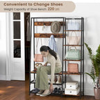 Black/Rustic Brown 5-in-1 Hall Tree with Shoe Bench, for 1 Person