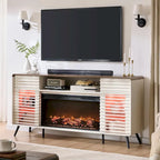 Antique White / Natural Oak / Dark Walnut Mid-Century TV Stand with Electric Fireplace, Fits TVs up to 80"