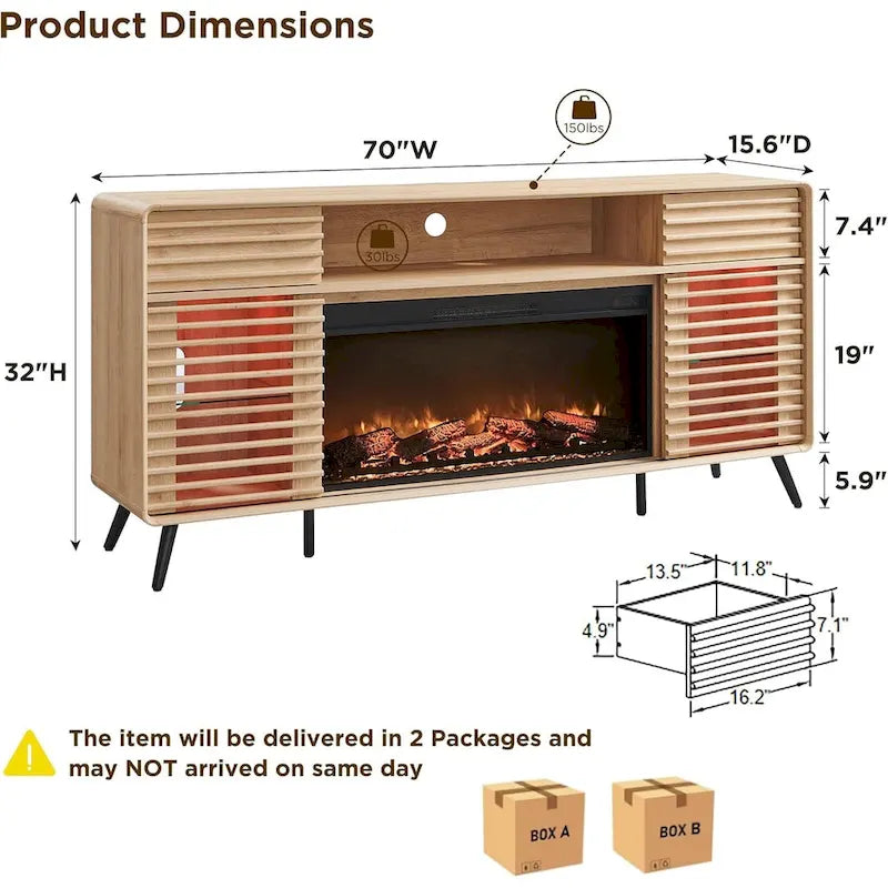 Antique White / Natural Oak / Dark Walnut Mid-Century TV Stand with Electric Fireplace, Fits TVs up to 80"