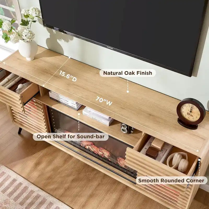Antique White / Natural Oak / Dark Walnut Mid-Century TV Stand with Electric Fireplace, Fits TVs up to 80"