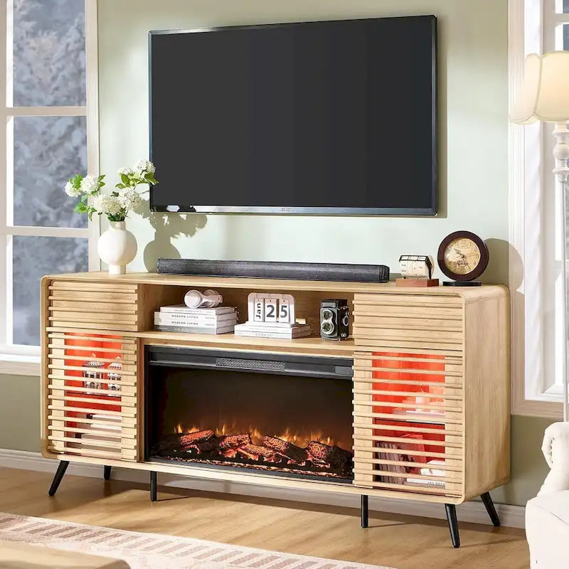 Antique White / Natural Oak / Dark Walnut Mid-Century TV Stand with Electric Fireplace, Fits TVs up to 80"