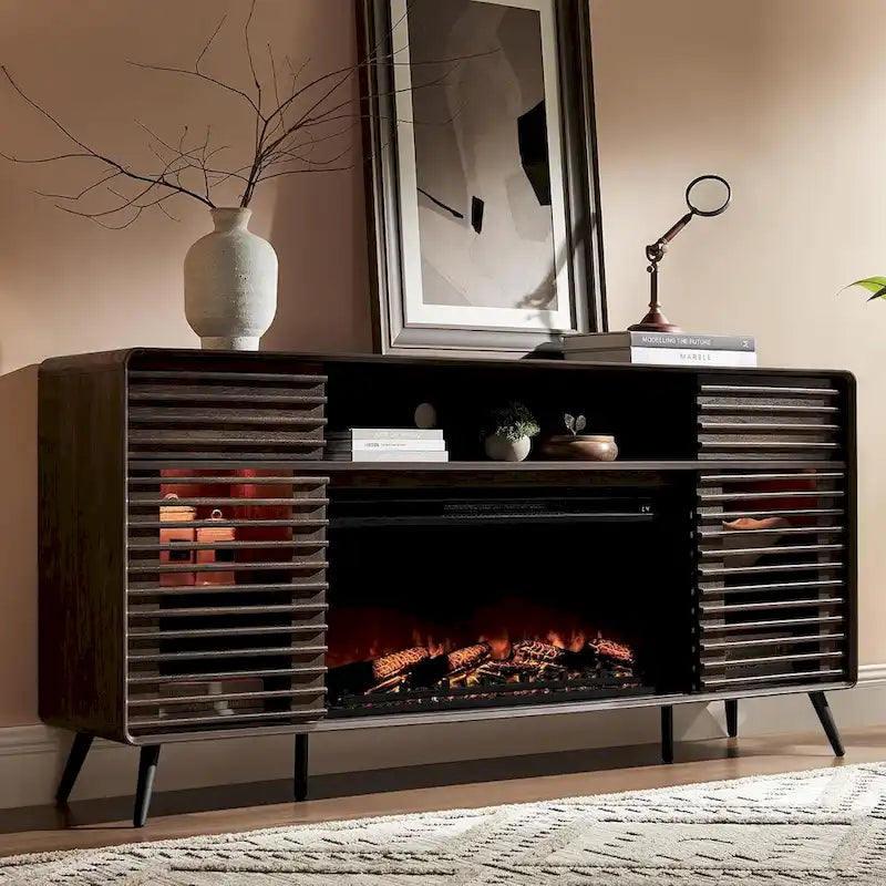 Antique White / Natural Oak / Dark Walnut Mid-Century TV Stand with Electric Fireplace, Fits TVs up to 80"