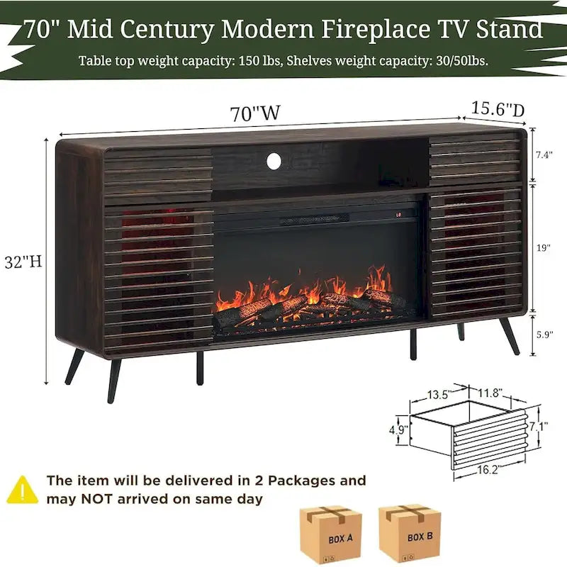 Antique White / Natural Oak / Dark Walnut Mid-Century TV Stand with Electric Fireplace, Fits TVs up to 80"