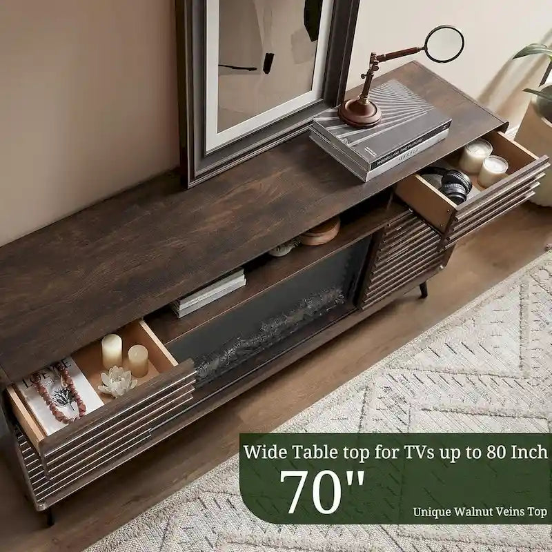 Antique White / Natural Oak / Dark Walnut Mid-Century TV Stand with Electric Fireplace, Fits TVs up to 80"