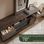 Antique White / Natural Oak / Dark Walnut Mid-Century TV Stand with Electric Fireplace, Fits TVs up to 80"