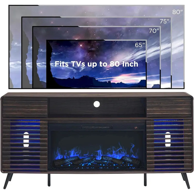 Antique White / Natural Oak / Dark Walnut Mid-Century TV Stand with Electric Fireplace, Fits TVs up to 80"