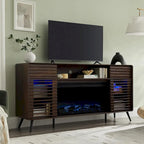 Antique White / Natural Oak / Dark Walnut Mid-Century TV Stand with Electric Fireplace, Fits TVs up to 80"