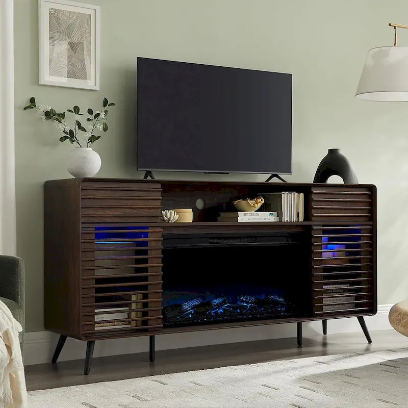 Antique White / Natural Oak / Dark Walnut Mid-Century TV Stand with Electric Fireplace, Fits TVs up to 80"