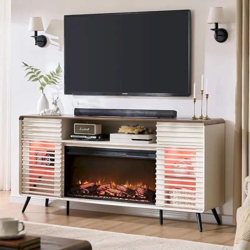 Antique White / Natural Oak / Dark Walnut Mid-Century TV Stand with Electric Fireplace, Fits TVs up to 80"