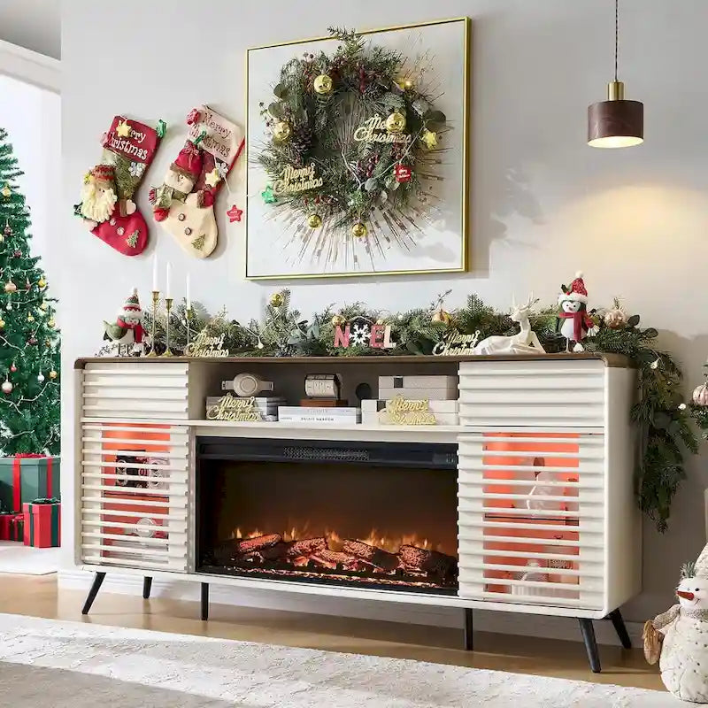 Antique White / Natural Oak / Dark Walnut Mid-Century TV Stand with Electric Fireplace, Fits TVs up to 80"