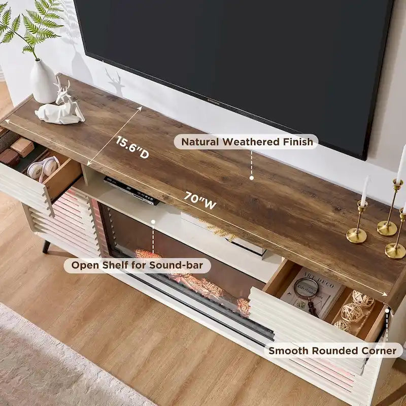 Antique White / Natural Oak / Dark Walnut Mid-Century TV Stand with Electric Fireplace, Fits TVs up to 80"